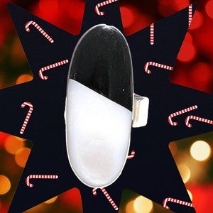 Long Mother of Pearl Onyx Adjustable Sterling Ring, Mexico 925 Sterling Vintage